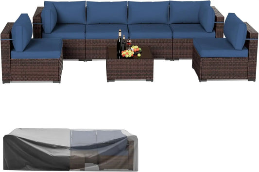 Patio Furniture Sets 7 Pieces Outdoor Rattan Sectional Sofa Set with Glass Table and Cushions for Outdoor Indoor Backyard Garden