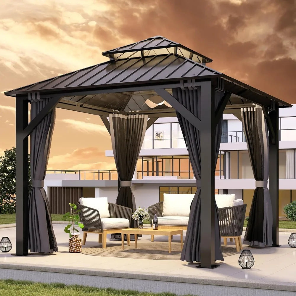 8.5x8.5FT Outdoor Hardtop Gazebo with Double Roof Aluminum Heavy Duty Galvanized Steel Top with Breathable Netting and UV Protection