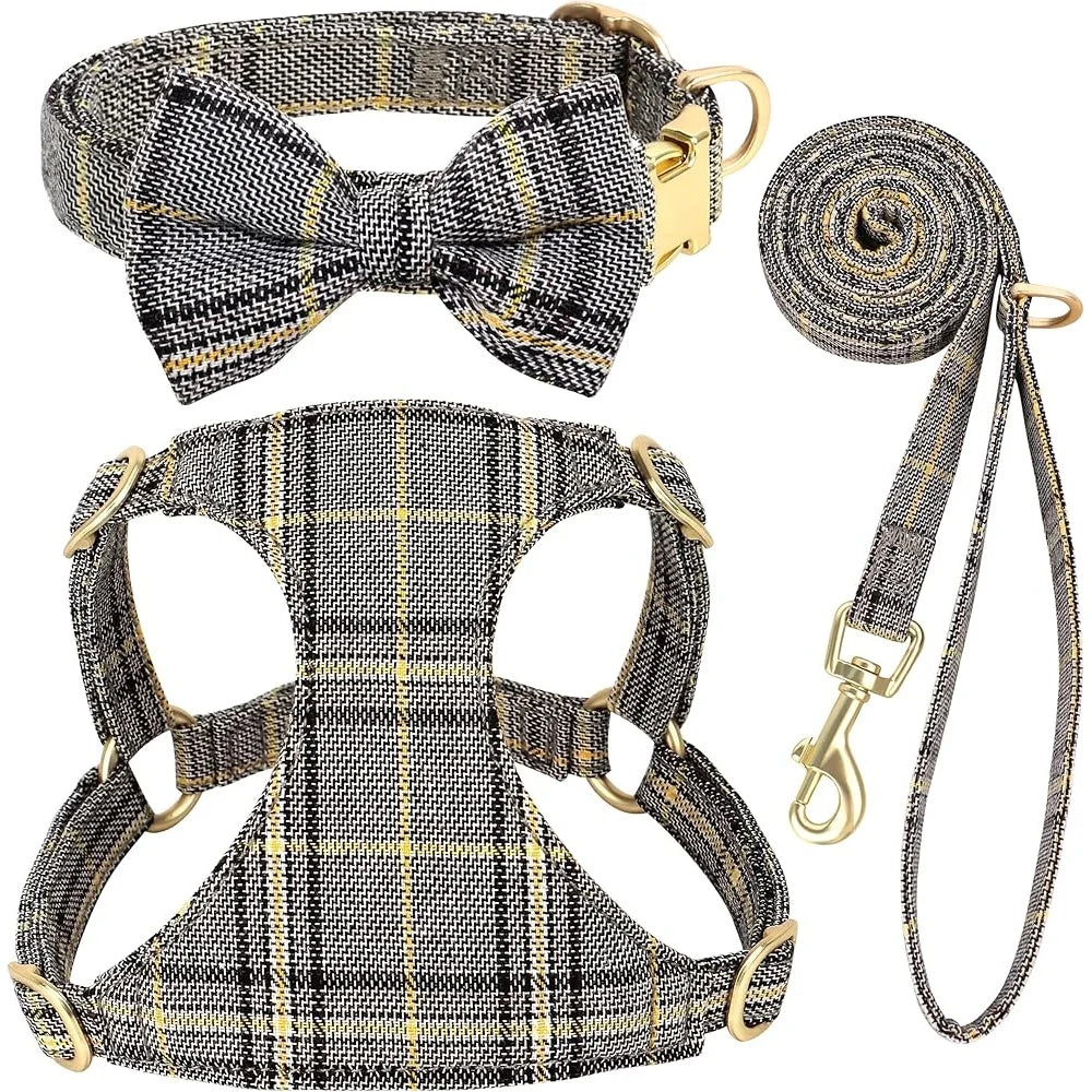 Cute Small Dog Harness Set Adjustable Soft Plaid Pet Collar Leash Bowtie for Puppies Walking and Parties