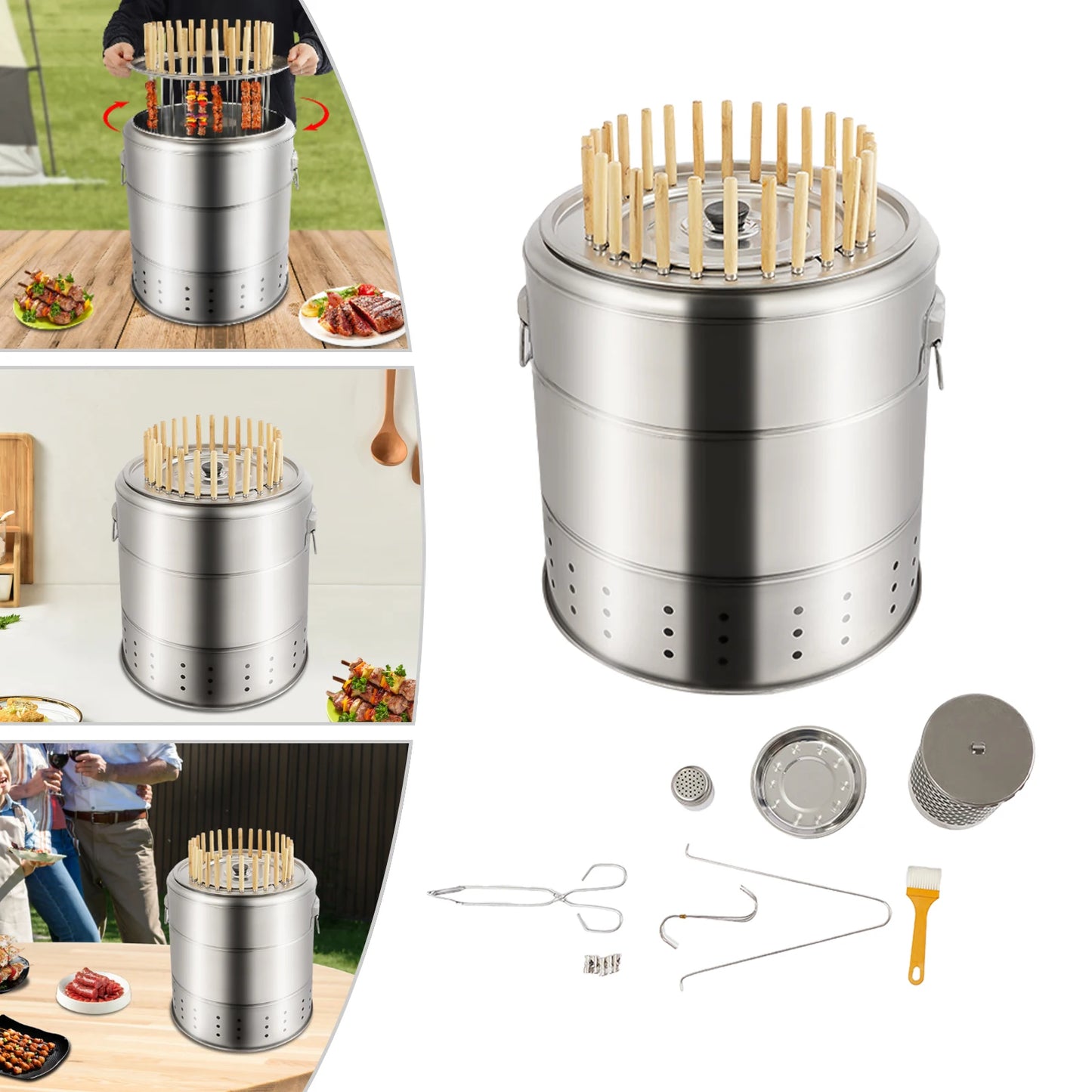 Stainless Steel Charcoal Grill 28 Skewer Capacity Hanging BBQ Pit for Outdoor Cooking Camping and Parties Oil Drip Tray