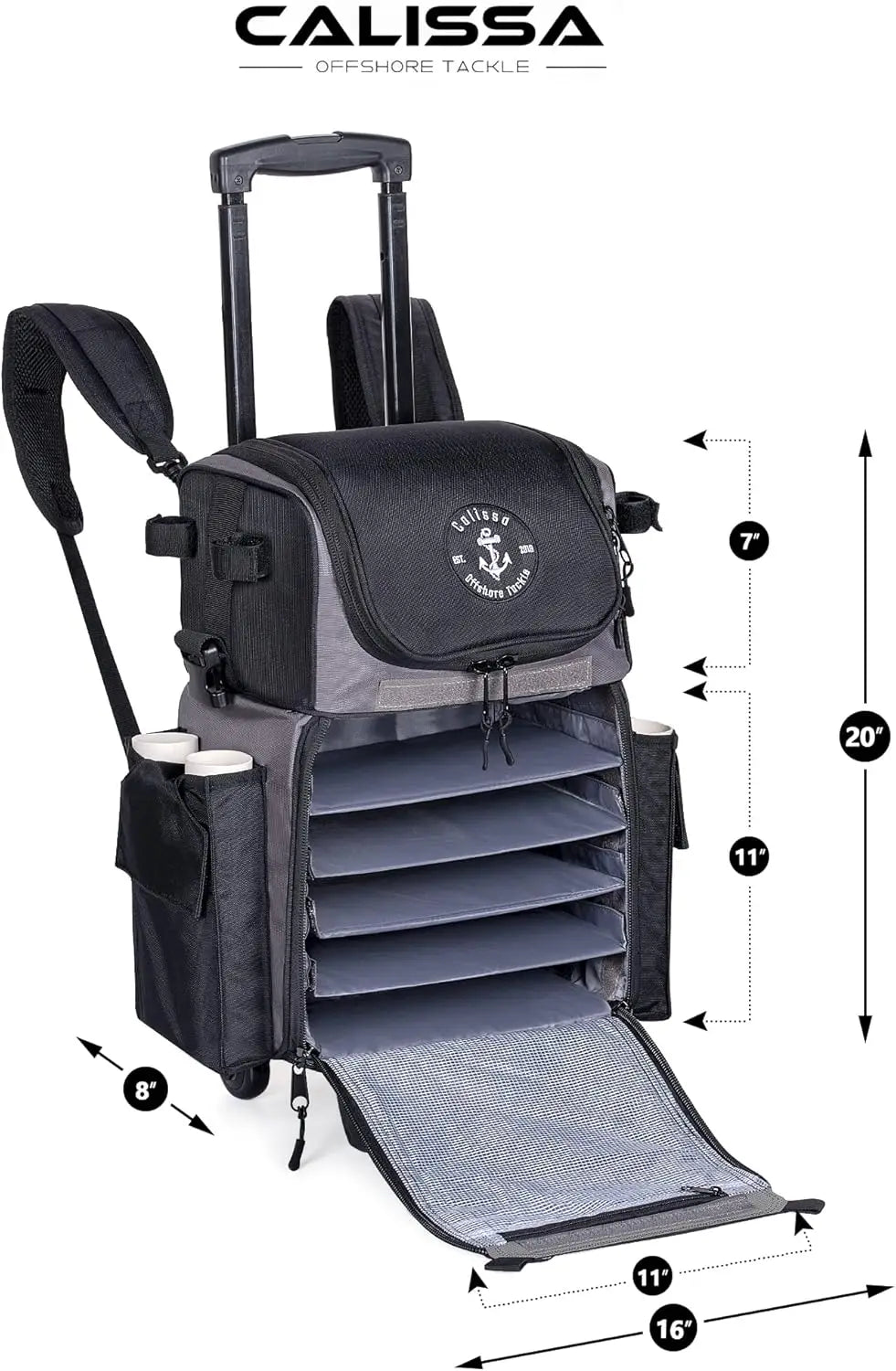 Offshore Rolling Fishing Tackle Box with Wheels Waterproof Fishing Backpack with Rod Holders Storage Bag Roller