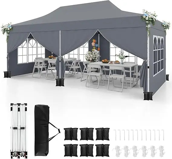 10x20 Ft Pop Up Canopy Tent with UPF 50 Plus Portable Outdoor Design 6 Removable Sidewalls 6 Sandbags and 2 Zippered Doors