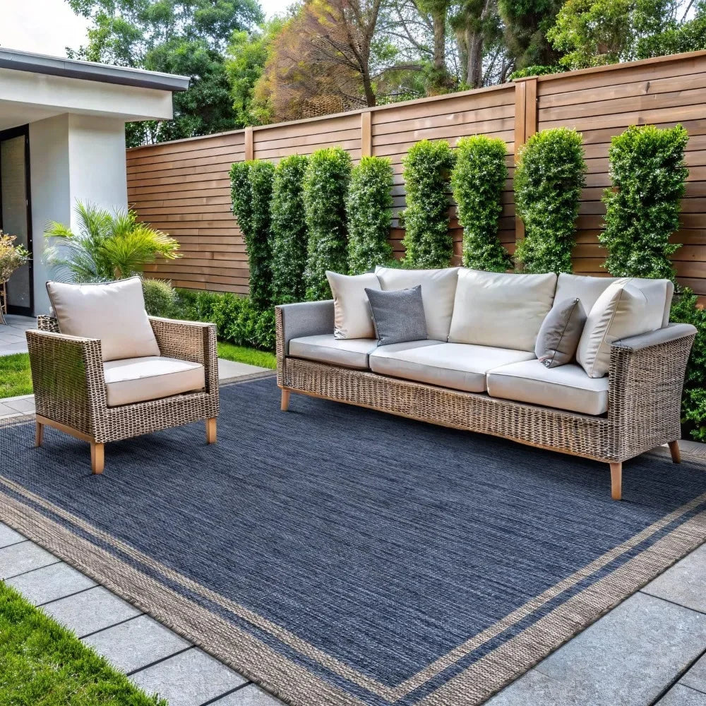 Indoor Outdoor Rug 10x14 Navy Blue Gray Modern Patio Rug