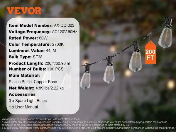 SucceBuy LED String Lights 2700K Dimmable Waterproof Patio