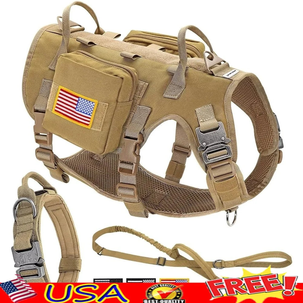 Tactical Dog Harness Large Breeds No Pull Military Collar Bungee Leash Set with MOLLE Backpack for Outdoor Training