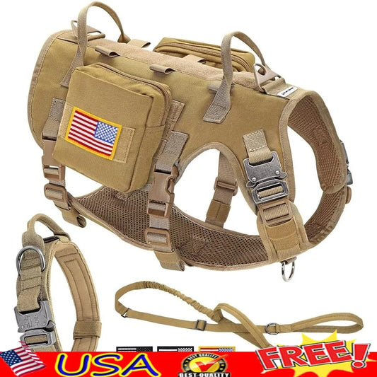 Tactical Dog Harness Large Breeds No Pull Military Collar Bungee Leash Set with MOLLE Backpack for Outdoor Training