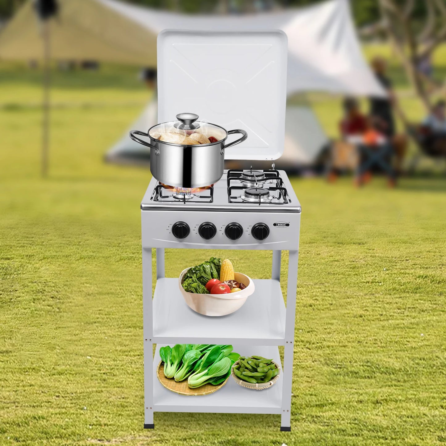 Portable Gas Stove 4 Burner with Support Leg Stand and Wind Blocking Cover Outdoor Manual Ignition Camping Stove with 2 Layer Rack