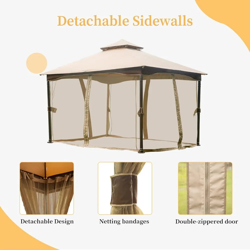 Domi 10 Foot by 13 Foot Outdoor Canopy with Mosquito Netting Double Roof Soft Top Gazebo Pergola Metal Frame Patio Shelter for Deck and Backyard