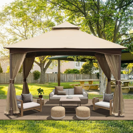 Domi 10 Foot by 13 Foot Outdoor Canopy with Mosquito Netting Double Roof Soft Top Gazebo Pergola Metal Frame Patio Shelter for Deck and Backyard