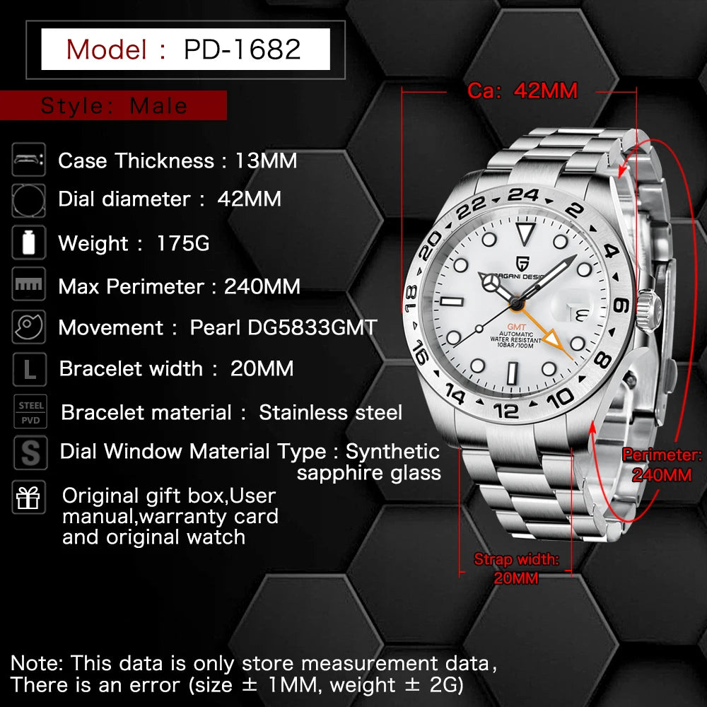 PAGANI Design GMT Automatic Watch Stainless Steel Sapphire Crystal