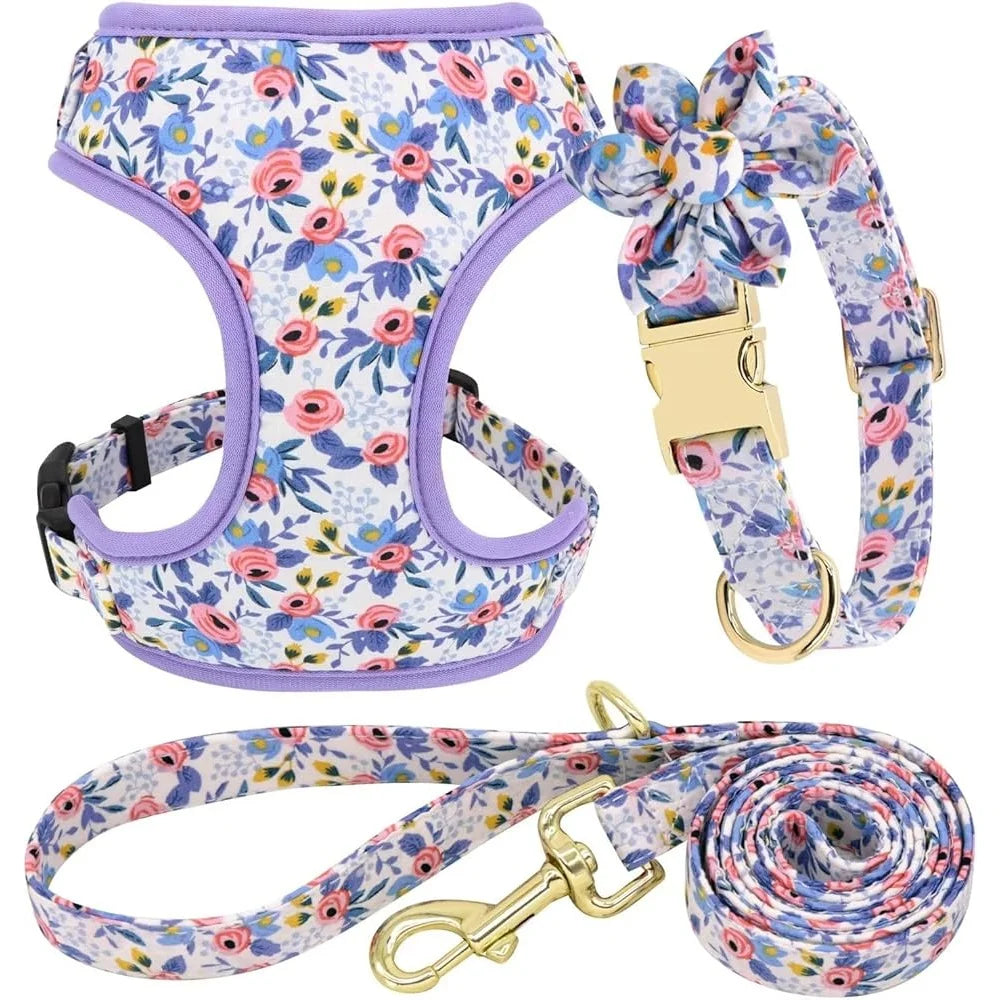 Cute Dog Harness Leash Collar Set Adjustable Floral Soft Mesh Pet Vest for Puppies Girls Wedding Party Outdoor Activities