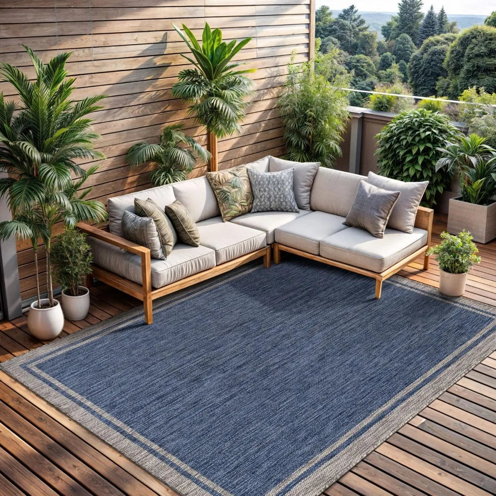 Indoor Outdoor Rug 10x14 Navy Blue Gray Modern Patio Rug