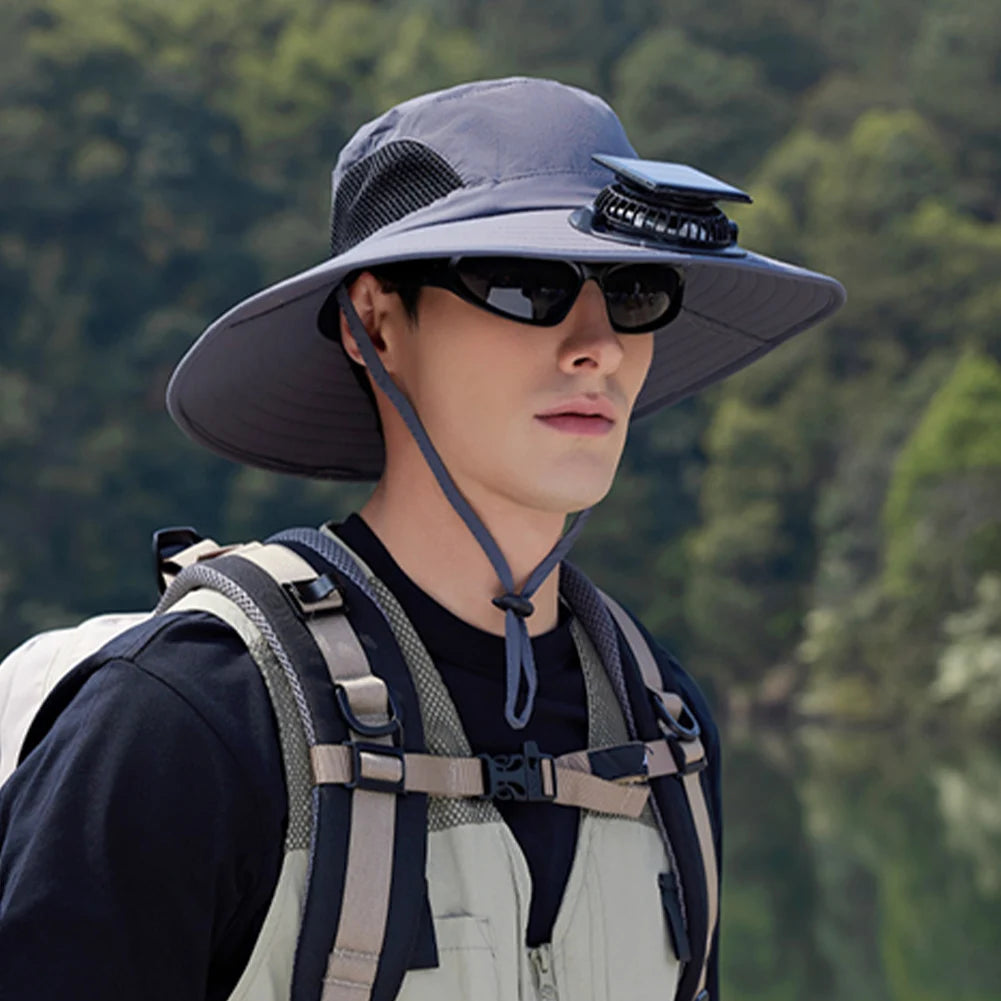 Sun Hat Fan Wide Brim Bucket Hat Male Cooling Summer Hat with Solar Fans Fishing Cap Outdoor Camping Accessories