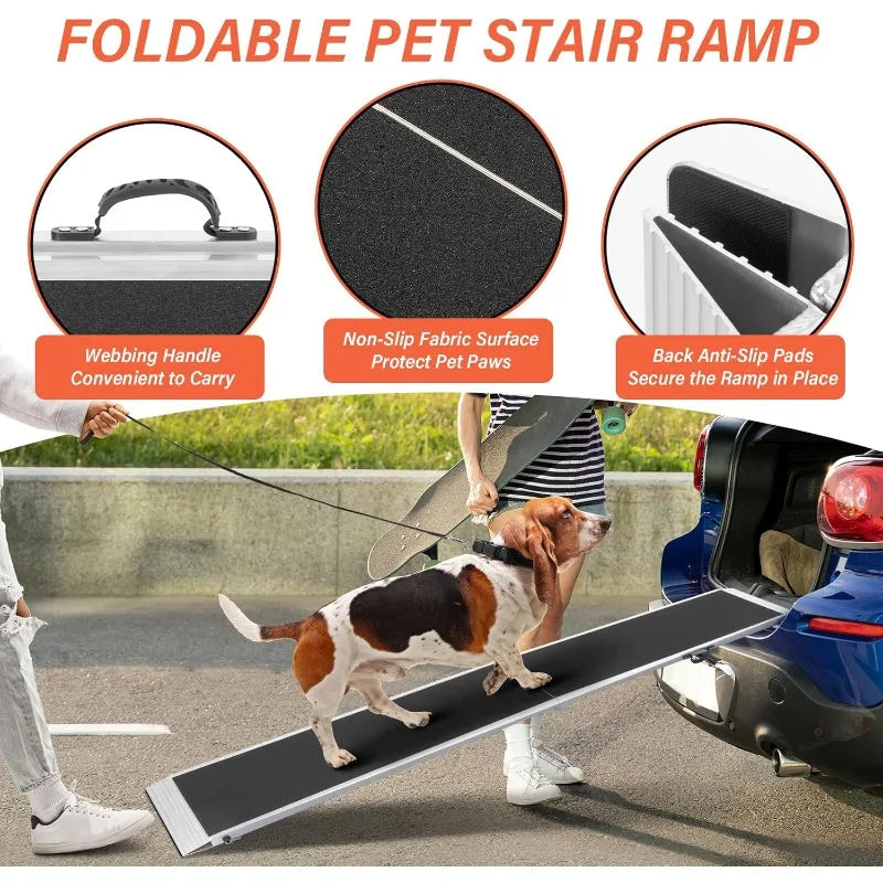8 FT Portable Bi-Fold Folding Pet Ramp Cat Safety Ladder for Large Dogs Cars Trucks SUVs Doorstep or Bed