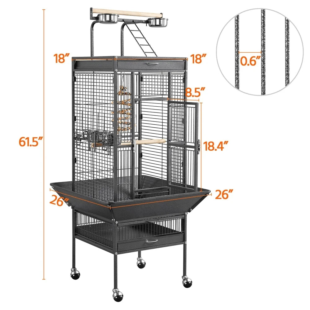 61 Inch Rolling Metal Bird Cage With Play Top Mobile Design