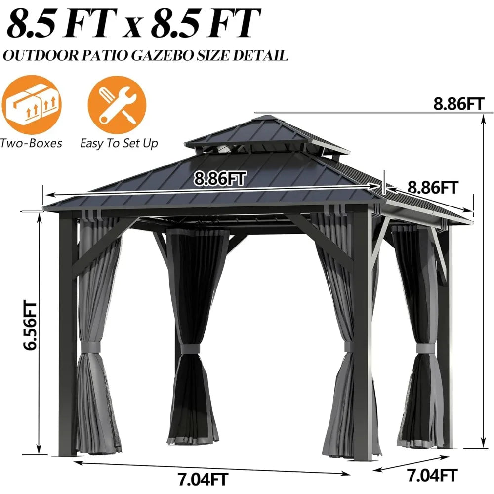8.5x8.5FT Outdoor Hardtop Gazebo with Double Roof Aluminum Heavy Duty Galvanized Steel Top with Breathable Netting and UV Protection