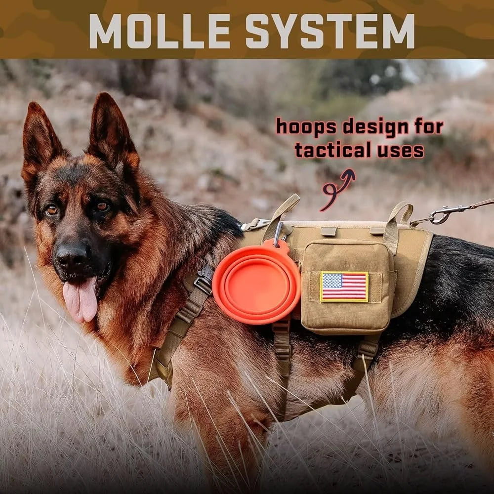 Tactical Dog Harness Large Breeds No Pull Military Collar Bungee Leash Set with MOLLE Backpack for Outdoor Training
