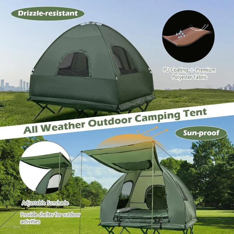 GYMAX 5 in 1 Elevated Camping Cot with Sunshade Air Mattress Sleeping Bag and Pillow Portable Camping Tent