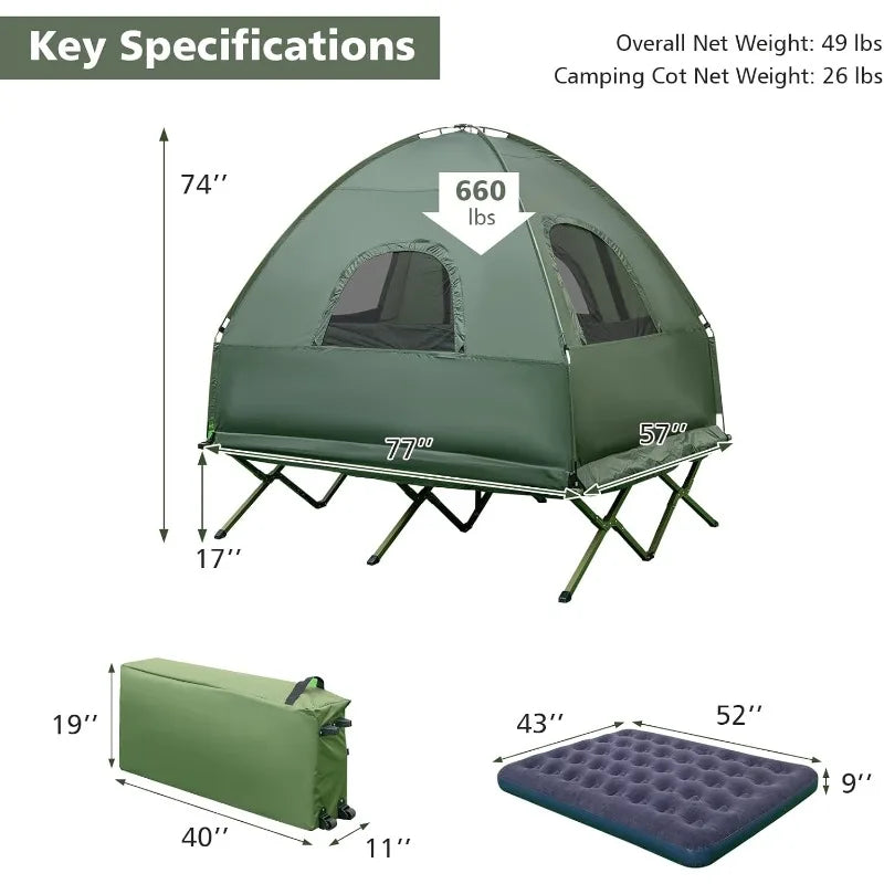 GYMAX 5 in 1 Elevated Camping Cot with Sunshade Air Mattress Sleeping Bag and Pillow Portable Camping Tent