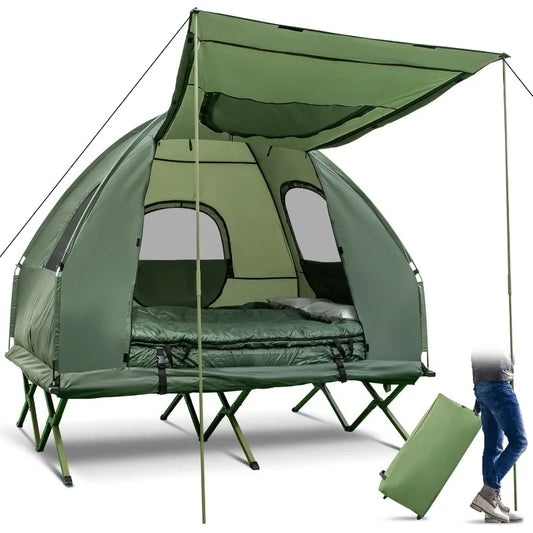 GYMAX 5 in 1 Elevated Camping Cot with Sunshade Air Mattress Sleeping Bag and Pillow Portable Camping Tent