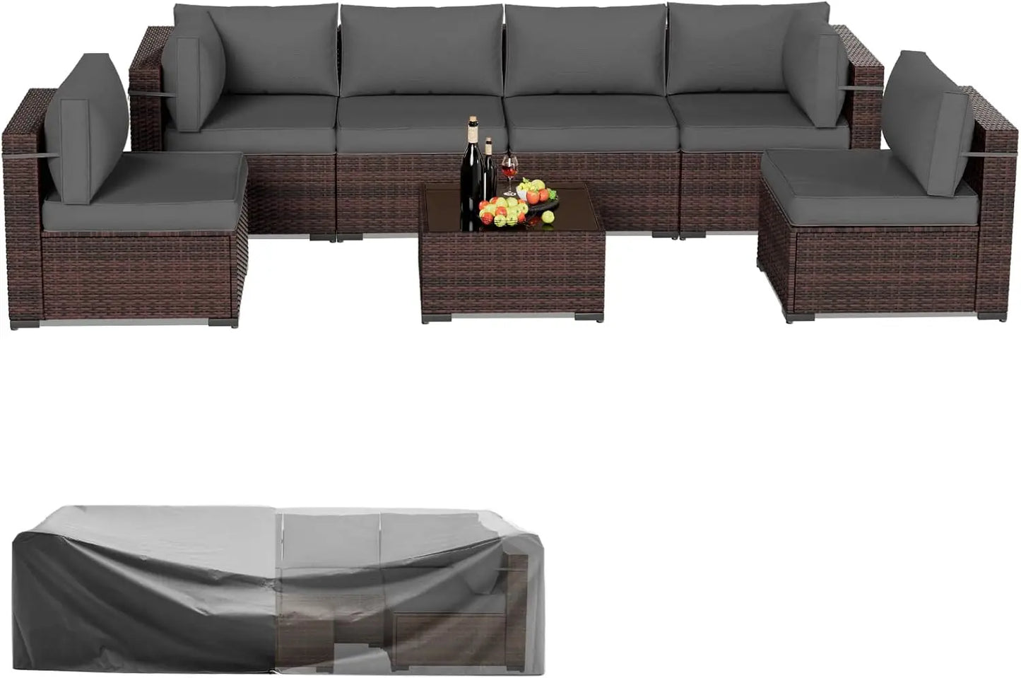 Patio Furniture Sets 7 Pieces Outdoor Rattan Sectional Sofa Set with Glass Table and Cushions for Outdoor Indoor Backyard Garden