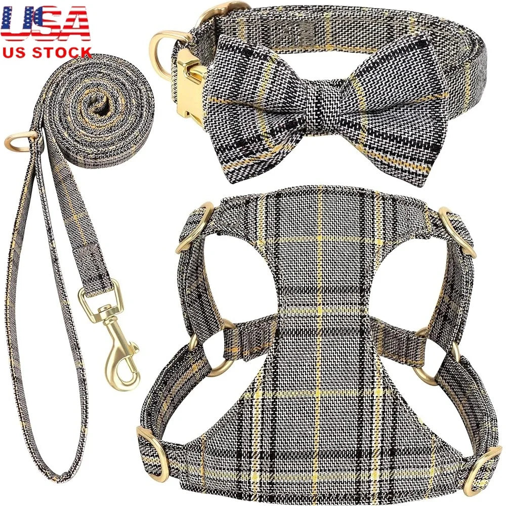 Cute Small Dog Harness Set Adjustable Soft Plaid Pet Collar Leash Bowtie for Puppies Walking and Parties