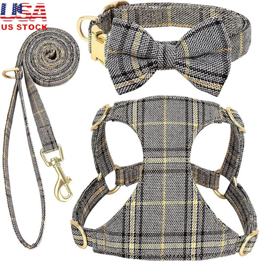 Cute Small Dog Harness Set Adjustable Soft Plaid Pet Collar Leash Bowtie for Puppies Walking and Parties