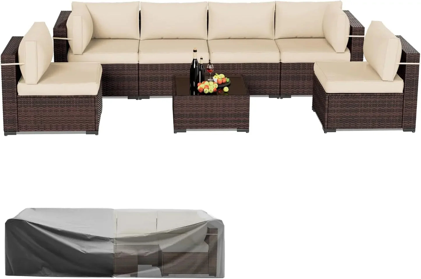 Patio Furniture Sets 7 Pieces Outdoor Rattan Sectional Sofa Set with Glass Table and Cushions for Outdoor Indoor Backyard Garden