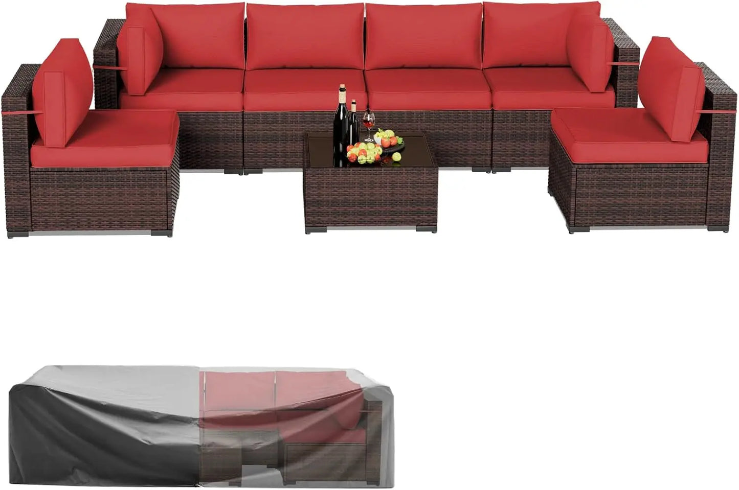 Patio Furniture Sets 7 Pieces Outdoor Rattan Sectional Sofa Set with Glass Table and Cushions for Outdoor Indoor Backyard Garden