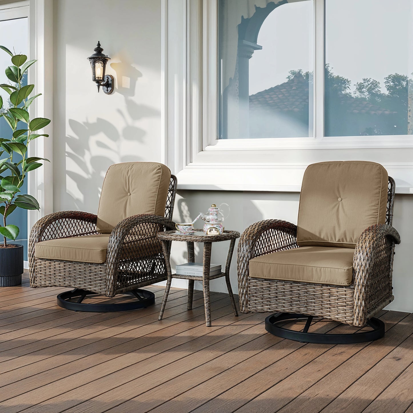 HOOMIC 3 Pieces Patio Furniture Set Outdoor Bistro Set with Rotating Rocking Chairs and Cozy Padded Cushions