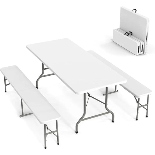 VINGLI Picnic Table Set with 2 Benches 6 Feet Folding Camping Table Chair Set for Indoor or Outdoor Use White