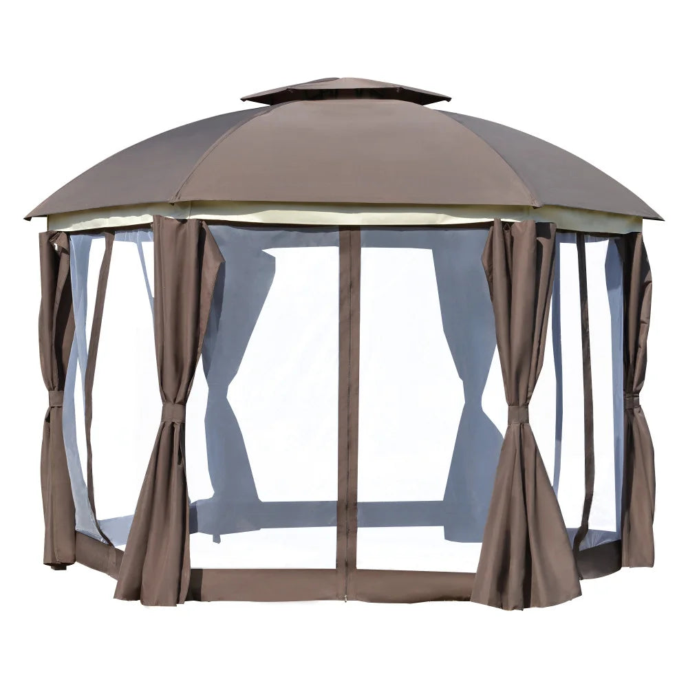 12x12 Round Outdoor Gazebo Double Roof Netting Curtains Zippered Doors Steel Frame Patio Dome Shelter Brown
