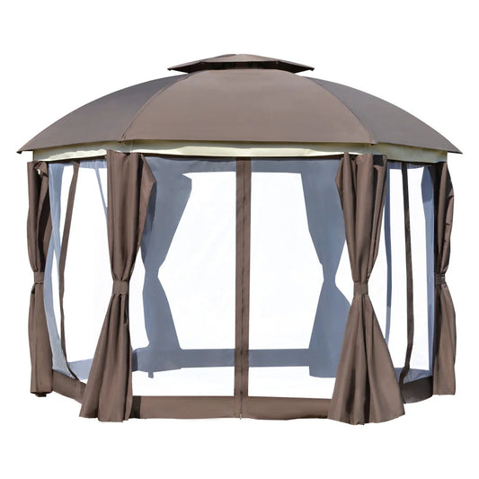 12x12 Round Outdoor Gazebo Double Roof Netting Curtains Zippered Doors Steel Frame Patio Dome Shelter Brown