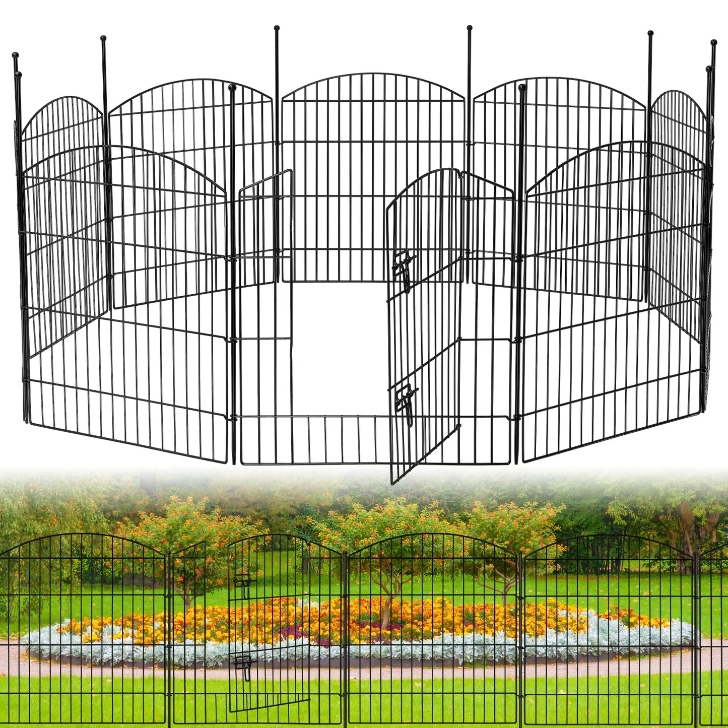 No Dig Decorative Garden Fence with Gate 32 Inch High x 24 Feet Long 9 Panels and 1 Gate with 11 Stakes Temporary Dog Fencing Outdoor