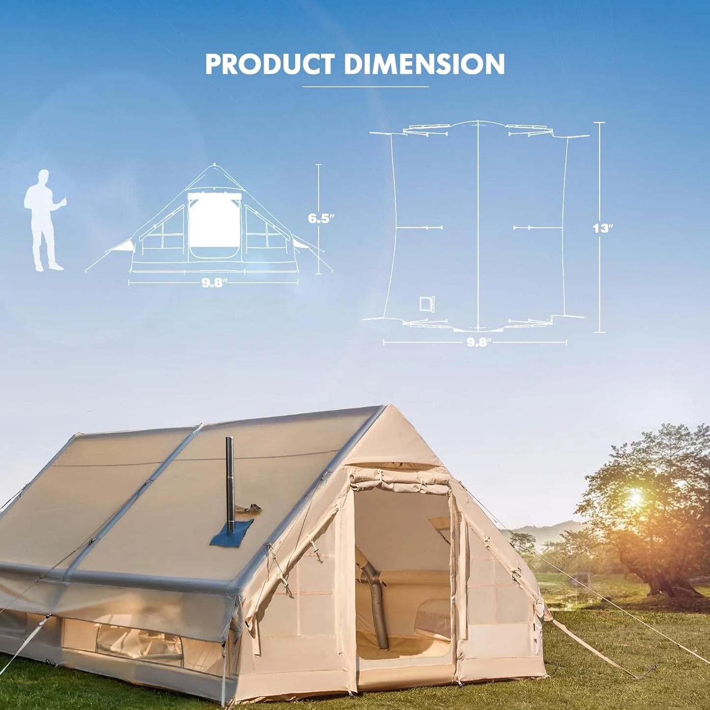 Inflatable Camping Tent for 8 to 10 People 129 Square Feet Large Tent with Stove Jack and Mesh Windows