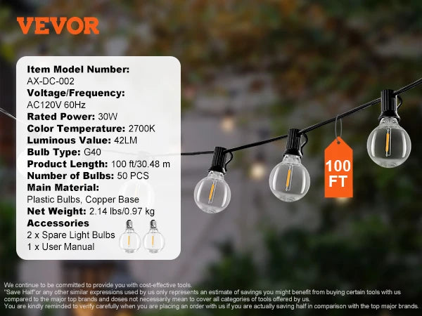 SucceBuy LED String Lights 2700K Dimmable Waterproof Patio