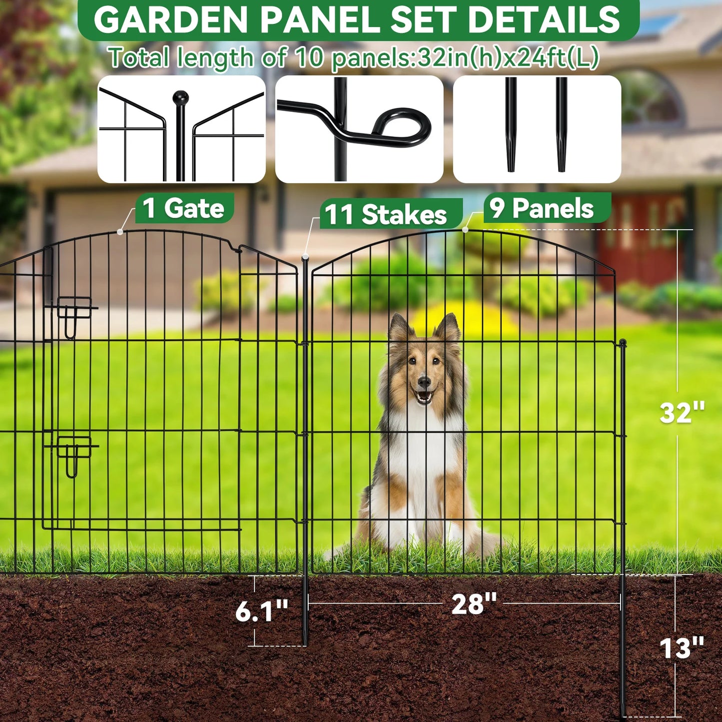 No Dig Decorative Garden Fence with Gate 32 Inch High x 24 Feet Long 9 Panels and 1 Gate with 11 Stakes Temporary Dog Fencing Outdoor