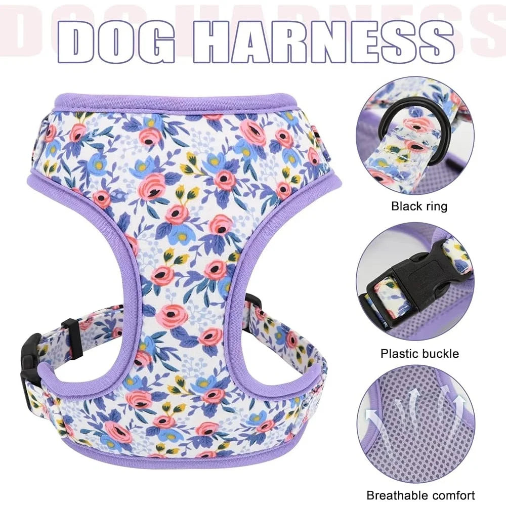 Cute Dog Harness Leash Collar Set Adjustable Floral Soft Mesh Pet Vest for Puppies Girls Wedding Party Outdoor Activities
