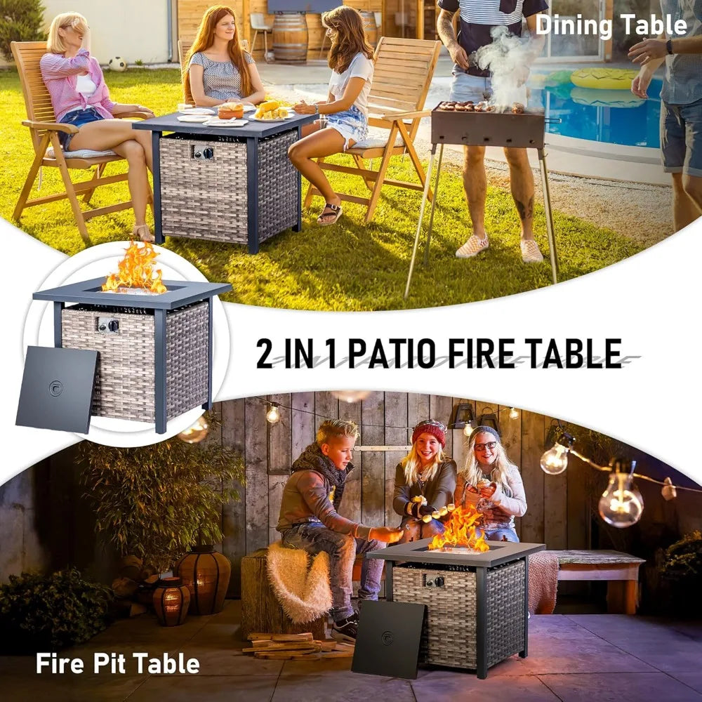 Propane Fire Pit Table 32 Inch with Lid and Glass Rocks for Patio Deck Backyard 50000 BTU Outdoor Gas Fire Pit