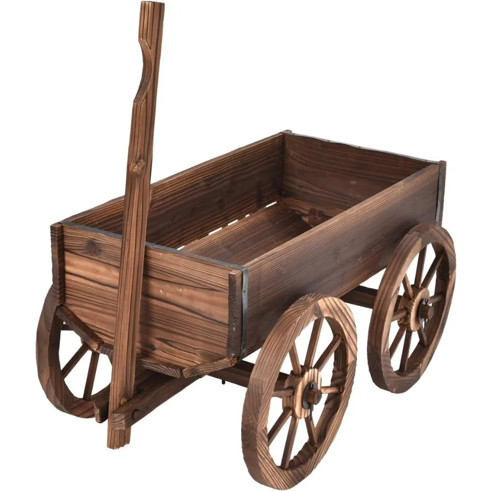 Wood Wagon Flower Planter Pot Stand With Wheels Garden Decor