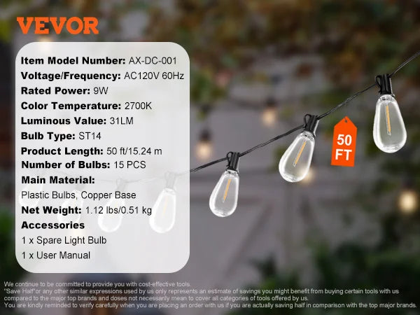SucceBuy LED String Lights 2700K Dimmable Waterproof Patio