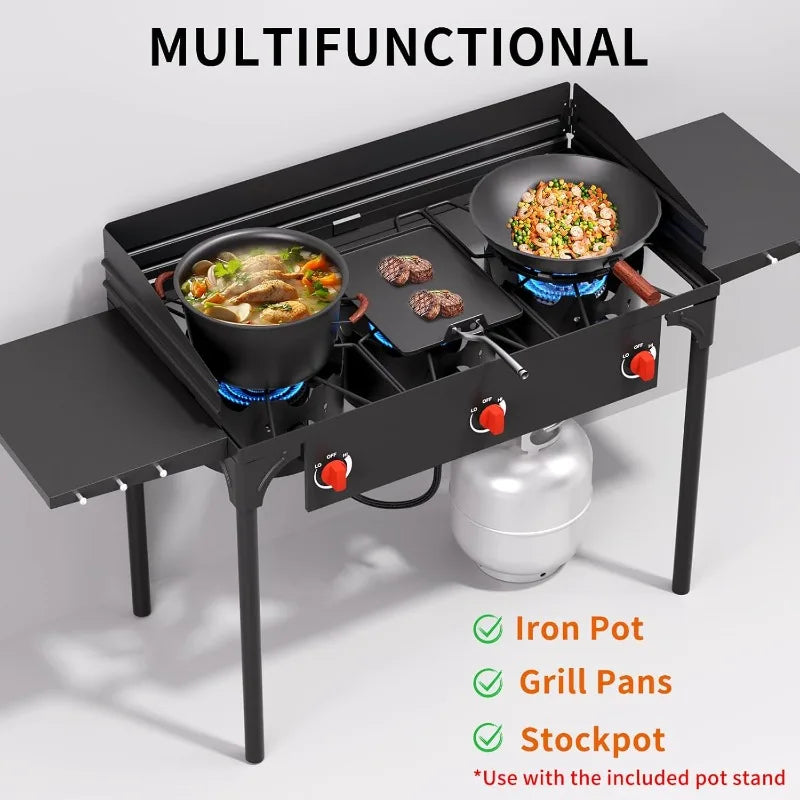 SKOK 3 Burner Propane Stove With Wind Panel And Shelves
