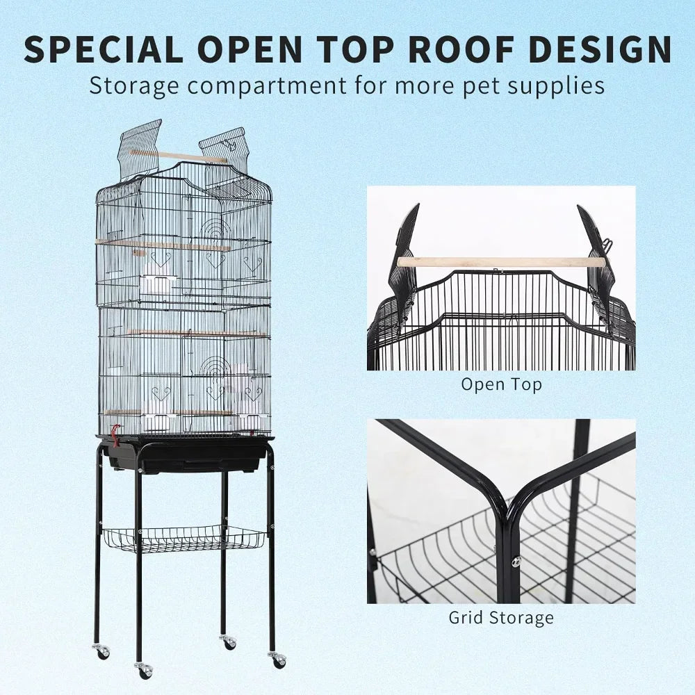 Open Top Bird Cage On Rolling Stand For Parrots And Finches