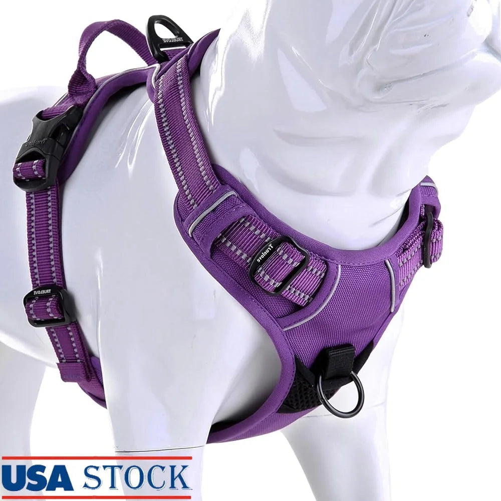 Reflective No Pull Dog Harness Soft Ergonomic Design Lightweight Comfortable Nylon Webbing with Handle and Two Leash Attachments