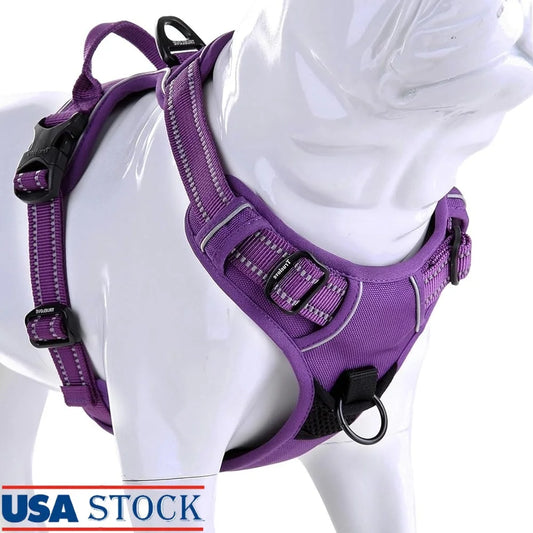 Reflective No Pull Dog Harness Soft Ergonomic Design Lightweight Comfortable Nylon Webbing with Handle and Two Leash Attachments