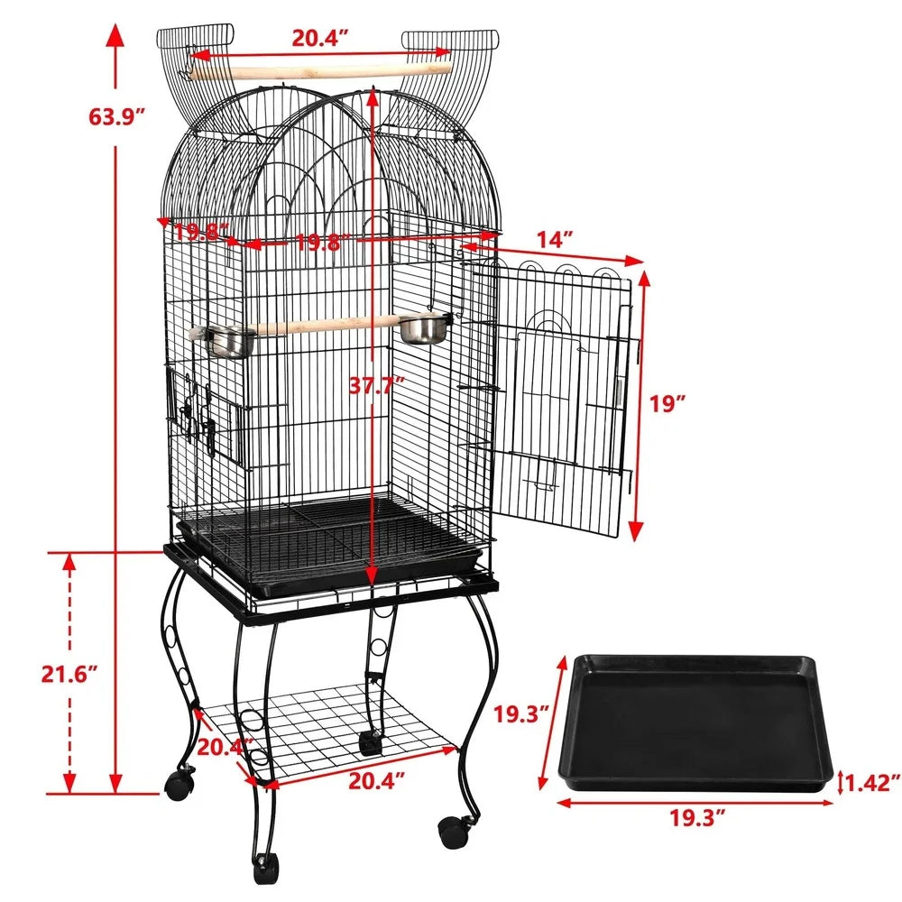 Rolling Dome Cage Open Top Quaker Parrot Metal Frame Stand