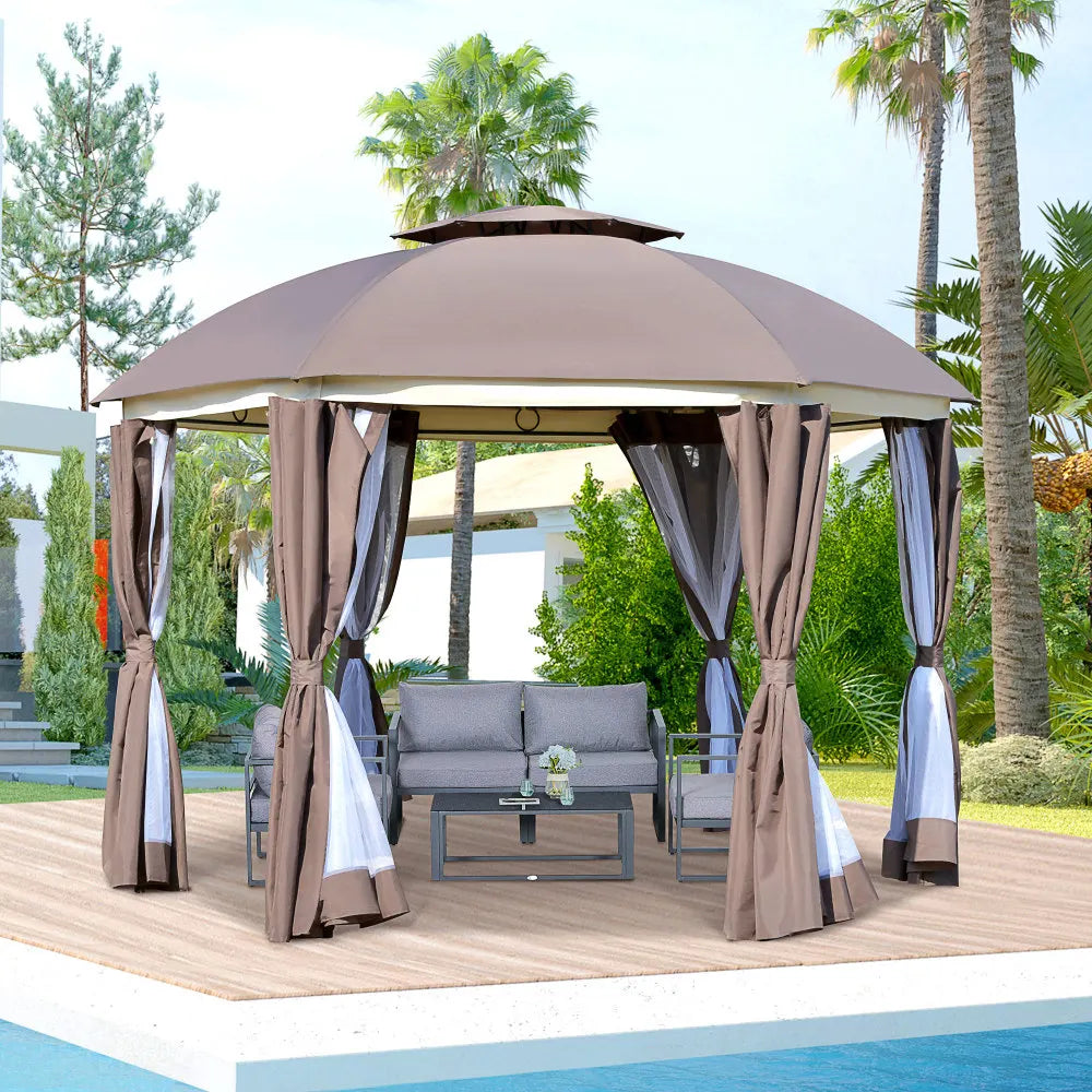 12x12 Round Outdoor Gazebo Double Roof Netting Curtains Zippered Doors Steel Frame Patio Dome Shelter Brown