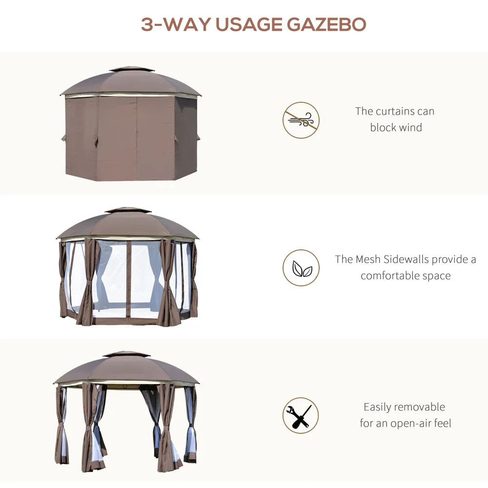12x12 Round Outdoor Gazebo Double Roof Netting Curtains Zippered Doors Steel Frame Patio Dome Shelter Brown