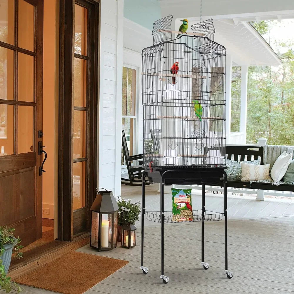 Open Top Bird Cage On Rolling Stand For Parrots And Finches