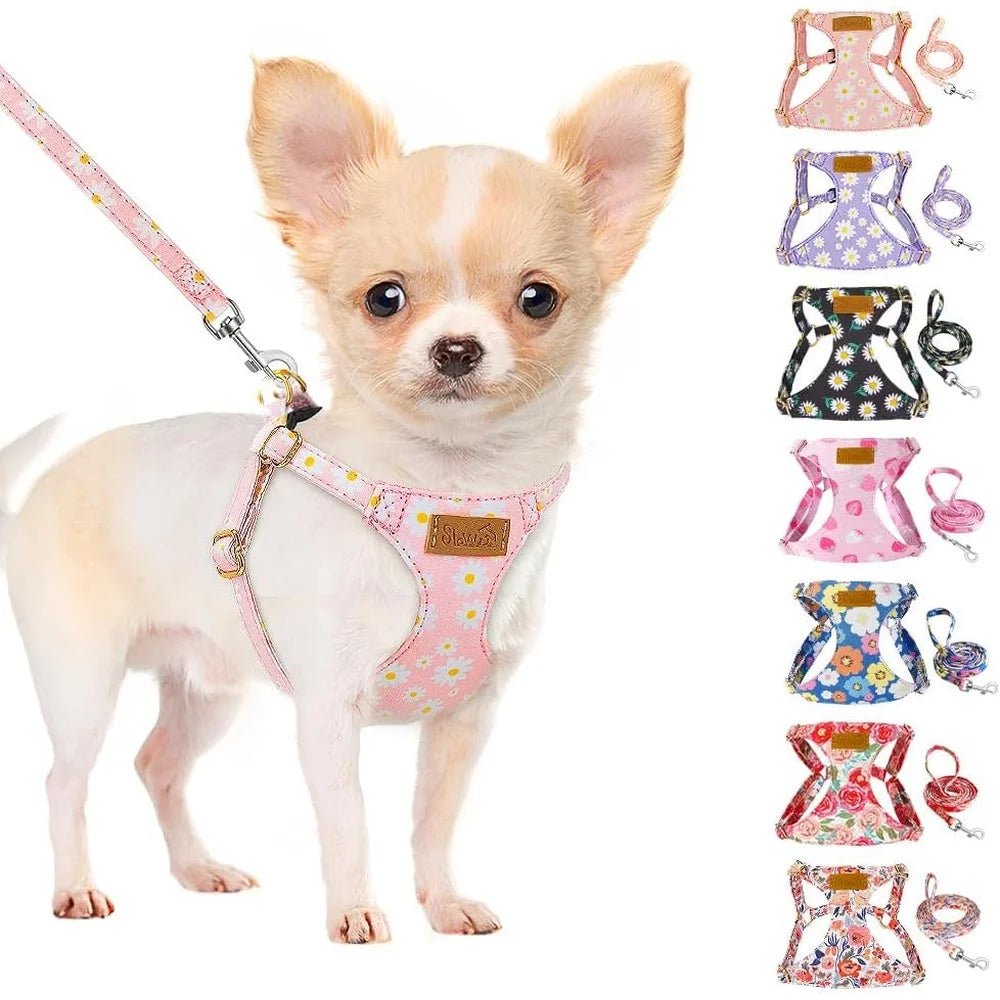 No Pull Dog Harness Adjustable Lightweight Soft Floral Pattern Pet Safety Leash Step In Design for Small and Medium Dogs
